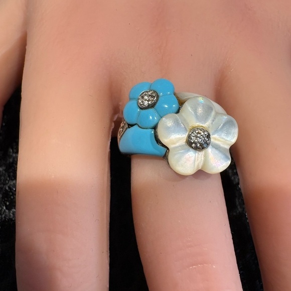 Artisan Sterling Silver Mother-of-Pearl & Turquoise Flower Statement Ring Size 8 - Picture 3 of 13